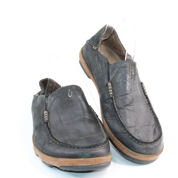 OluKai Moloa Black Leather Slip On Loafers Shoes Hawaiian #122 main image 8